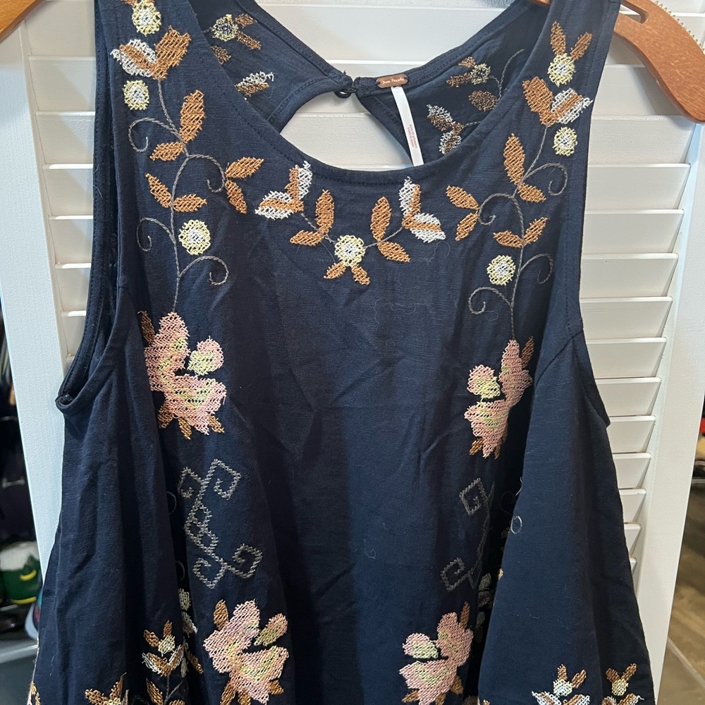 Free People Navy Floral Embroidered Tank Top